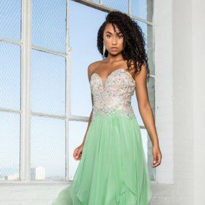 NEW LONG SLEEVELESS A-LINE CHIFFON DRESS EMBROIDERED WITH RHINESTONES GL2092